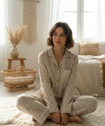 MK00165 Organik Kumaş Dantel Pijama Takımı (yetişkin) Ekru
