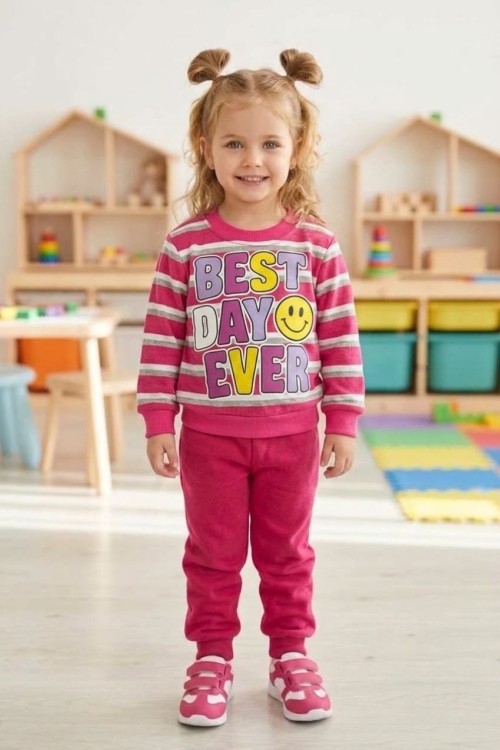 MK00172 Best Day Çizgili Takım Koyu Pembe
