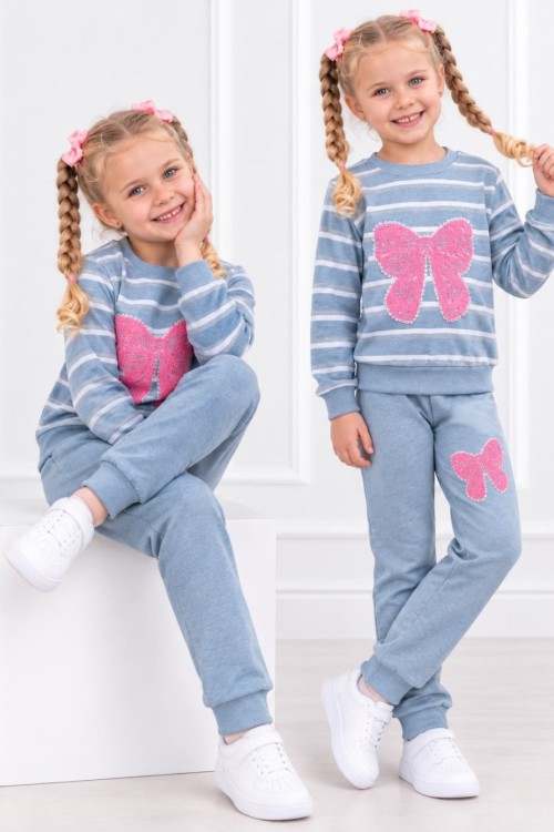 MK00172 Çizgili Kelebek Baskılı Takım Mavi
