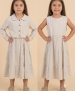 MK0019 KETEN CEKETLİ ELBİSE TAKIM BEJ ÇİZGİLİ Krem